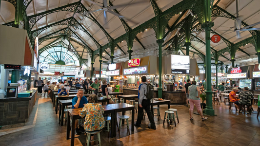 Lau Pa Sat hawker centre in Singapore, a popular dining spot known for local street food and vibrant atmosphere.
