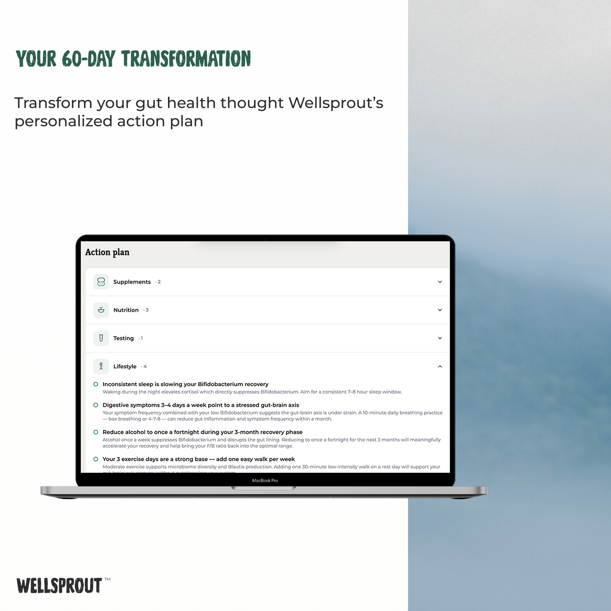 Wellsprout platorom text overlay about Wellsprout 60-day transformation program.