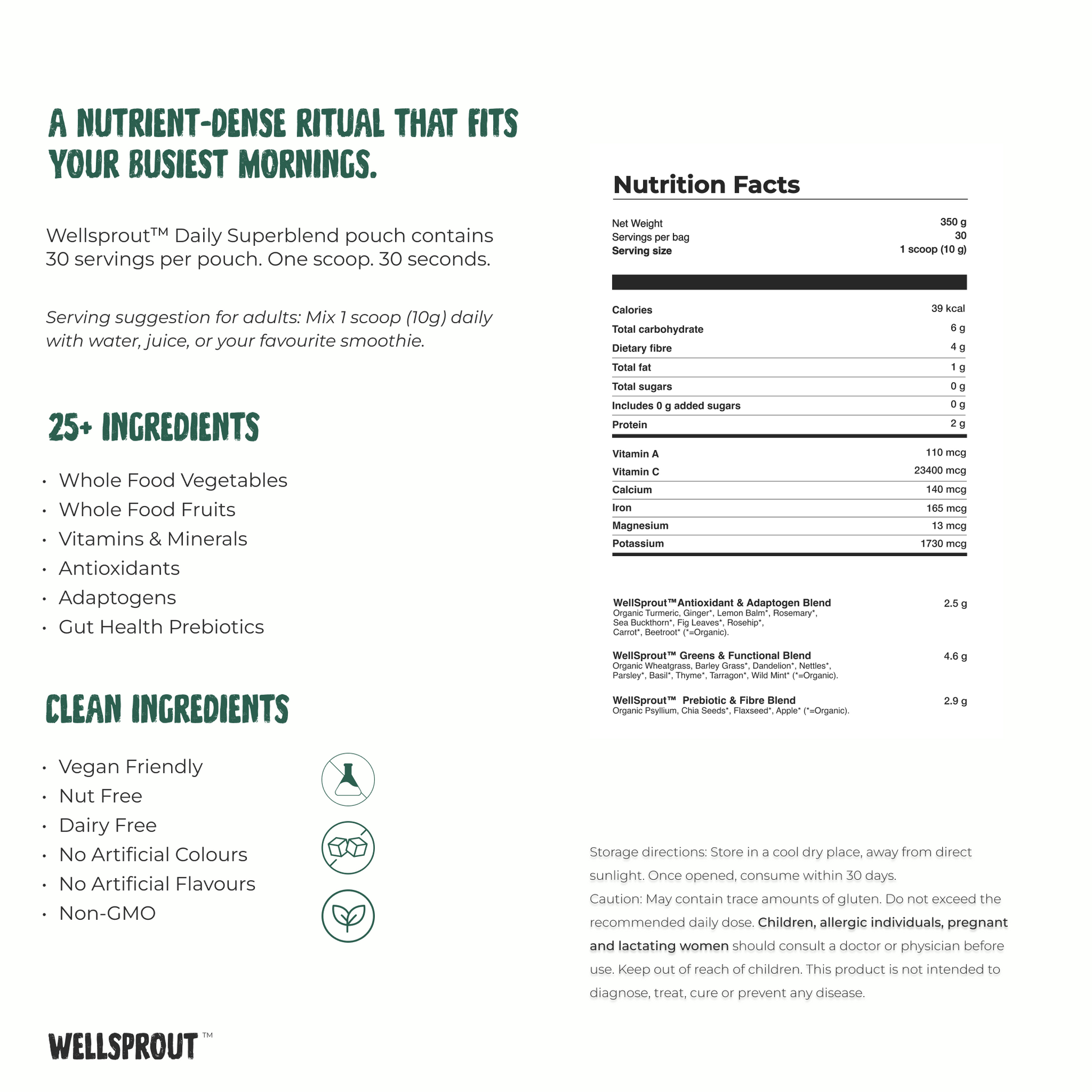 Nutrition facts label for Wellsprout Daily Superblend with ingredients list and health benefits.