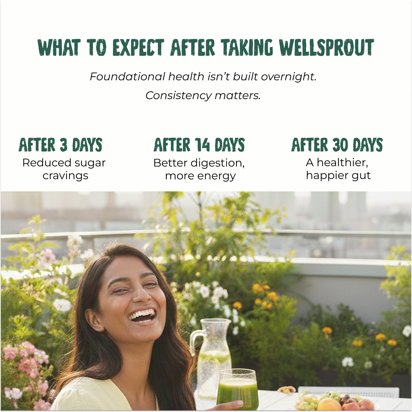 Woman enjoying a glass of  Wellsprout with text about Wellsprout product benefits.