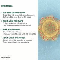Wellsprout health test process with virus illustration on a blue background