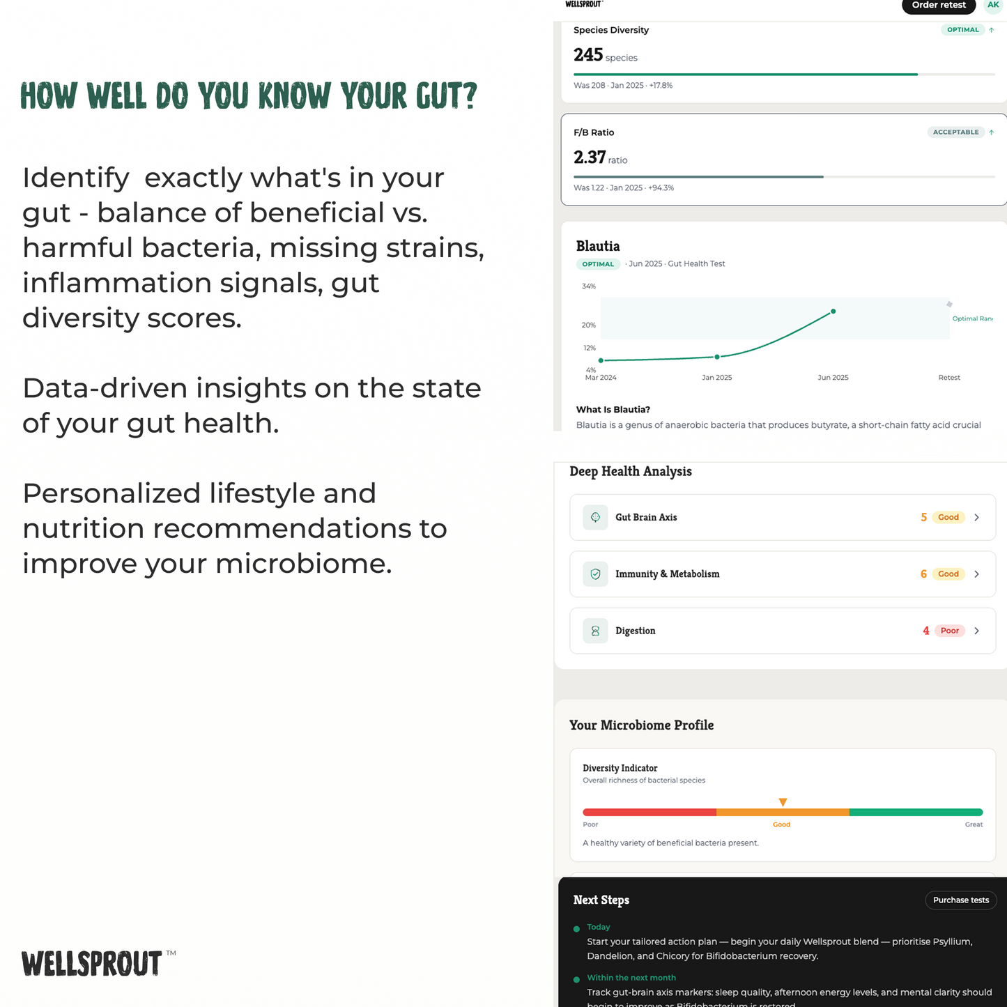 Wellsprout gut health analysis tool with text and graphs on a white background