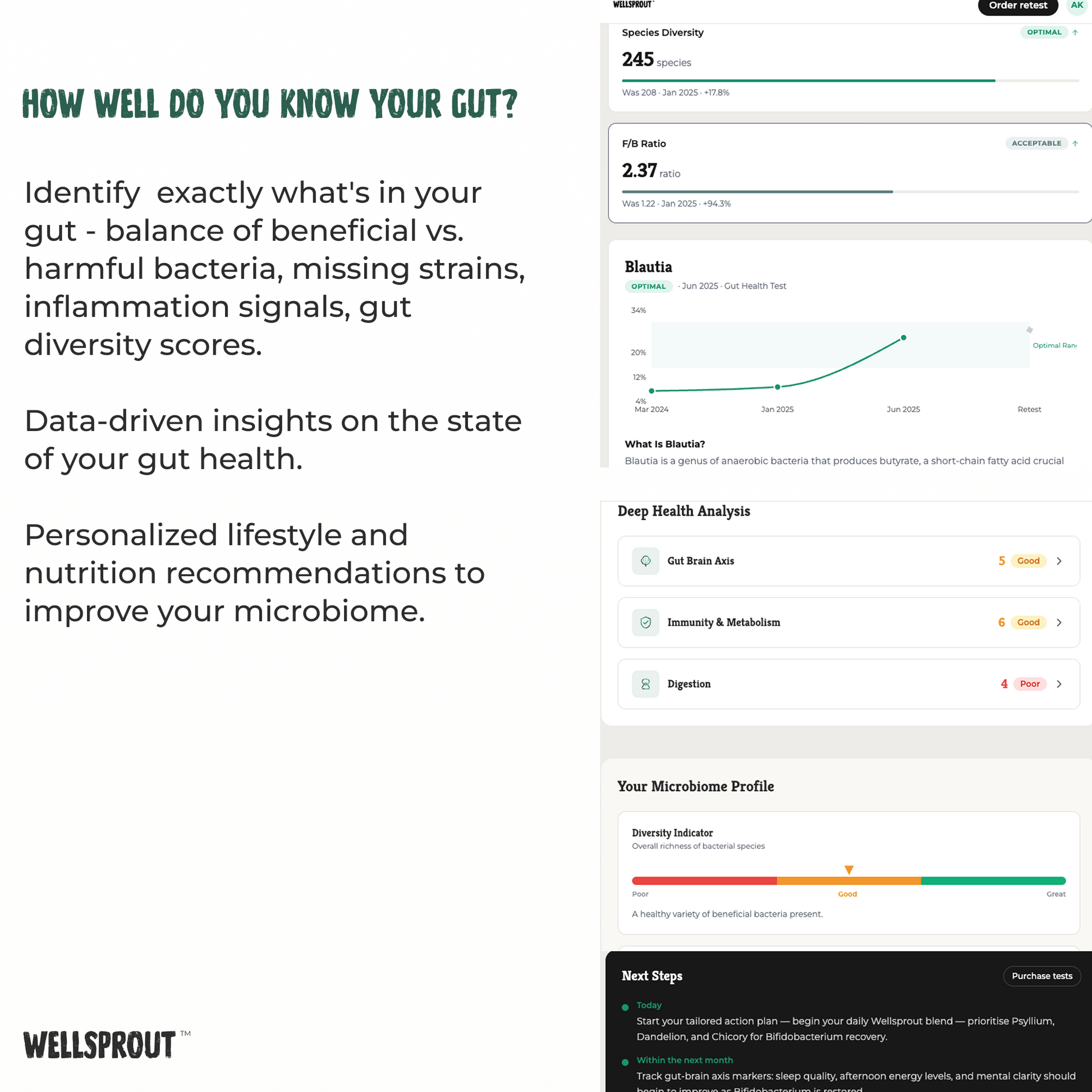 Wellsprout gut health analysis tool with text and graphs on a white background