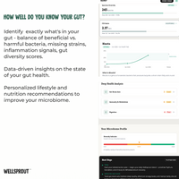 Wellsprout gut health analysis tool with text and graphs on a white background