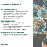 Brochure or flyer about gut microbiome analysis with text and mushroom image.