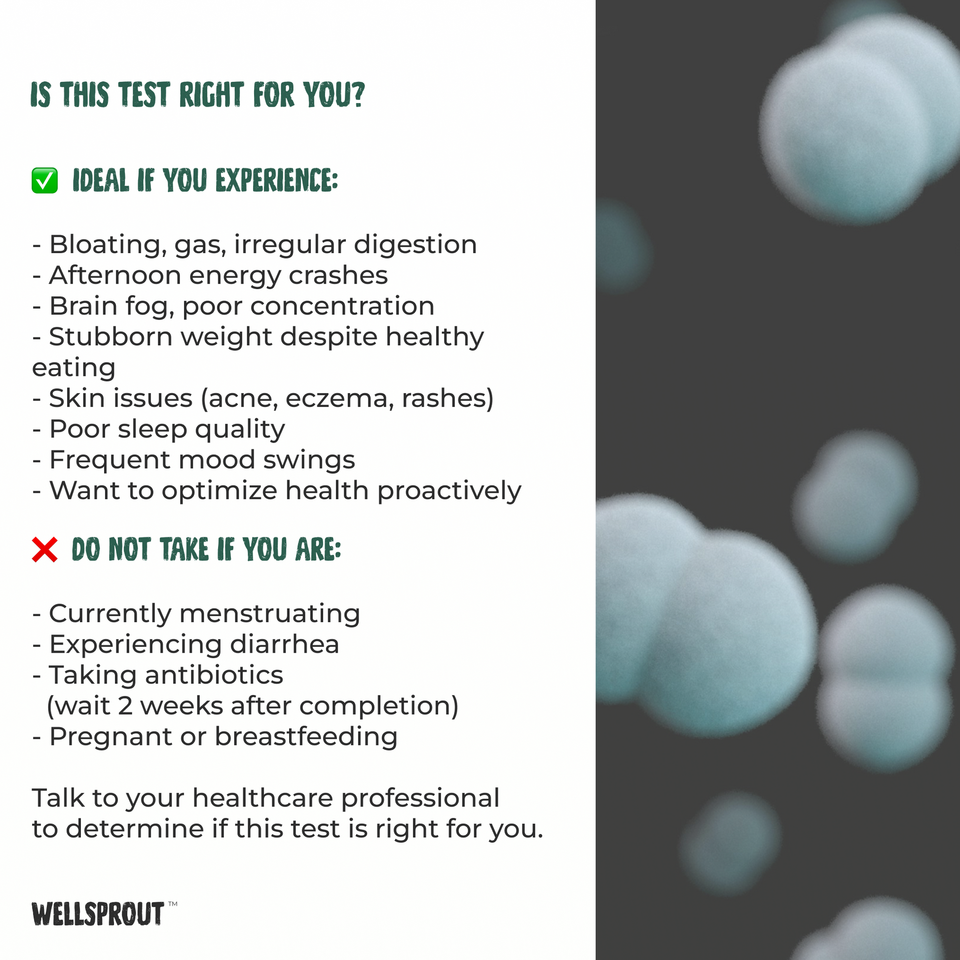 Wellsprout test suitability guide with text and blurred blue circles on a dark background